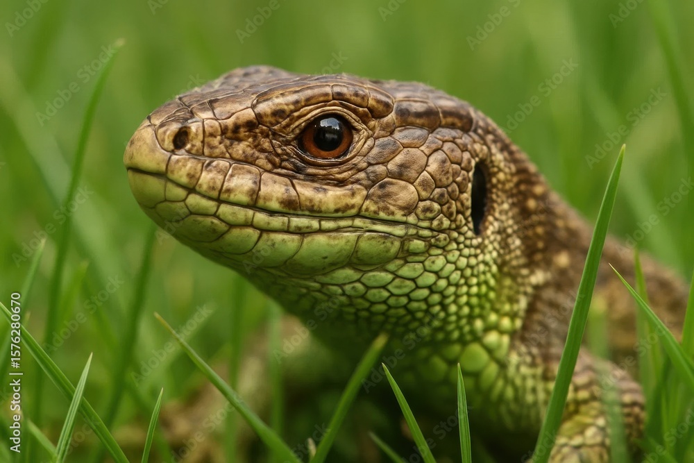 Fototapeta premium A close-up of a green lizard with a captivating gaze amidst the verdant grass