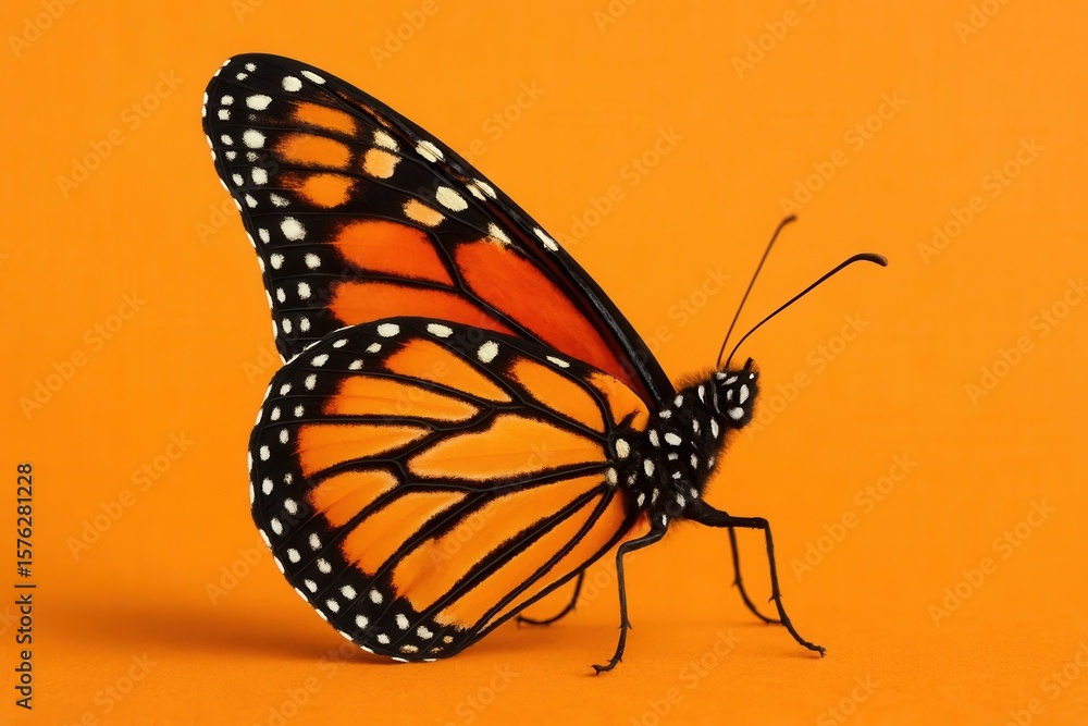 Fototapeta premium A Monarch butterfly gracefully perches on an orange canvas