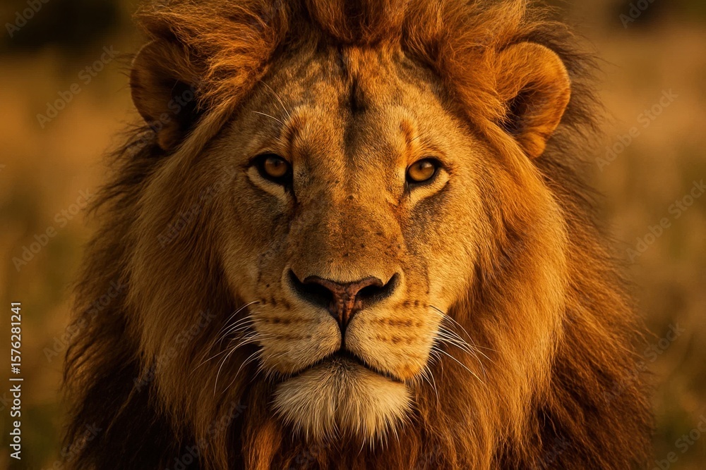 Fototapeta premium A majestic lion gazes into the heart of the wilderness, its eyes reflecting a timeless strength and serene beauty