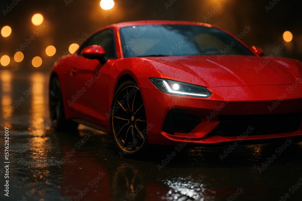 Fototapeta premium A solitary red sports car stands out in the rain-soaked night, its headlights piercing through the darkness