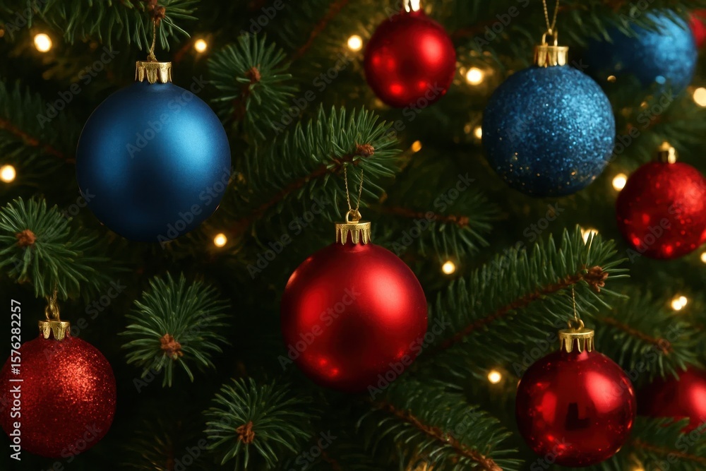 A festive Christmas tree adorned with blue and red ornaments, illuminated by warm white lights A festive Christmas tree adorned with blue and red ornaments, illuminated by warm white lights