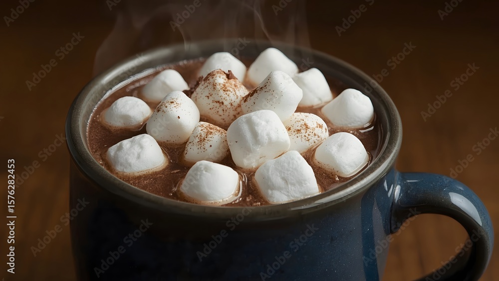 A cozy, oversized ceramic mug holds a rich, dark hot chocolate, steaming gently. A generous mound of fluffy white marshmallows floats on top, some beginning to melt, creating soft, gooey peaks. A cozy, oversized ceramic mug holds a rich, dark hot chocolate, steaming gently. A generous mound of fluffy white marshmallows floats on top, some beginning to melt, creating soft, gooey peaks.