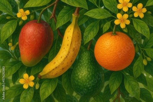 Wallpaper Mural ripe mangoes, a banana, and avocados hanging from lush green leaves, with cheerful yellow flowers adding to the natural beauty Torontodigital.ca