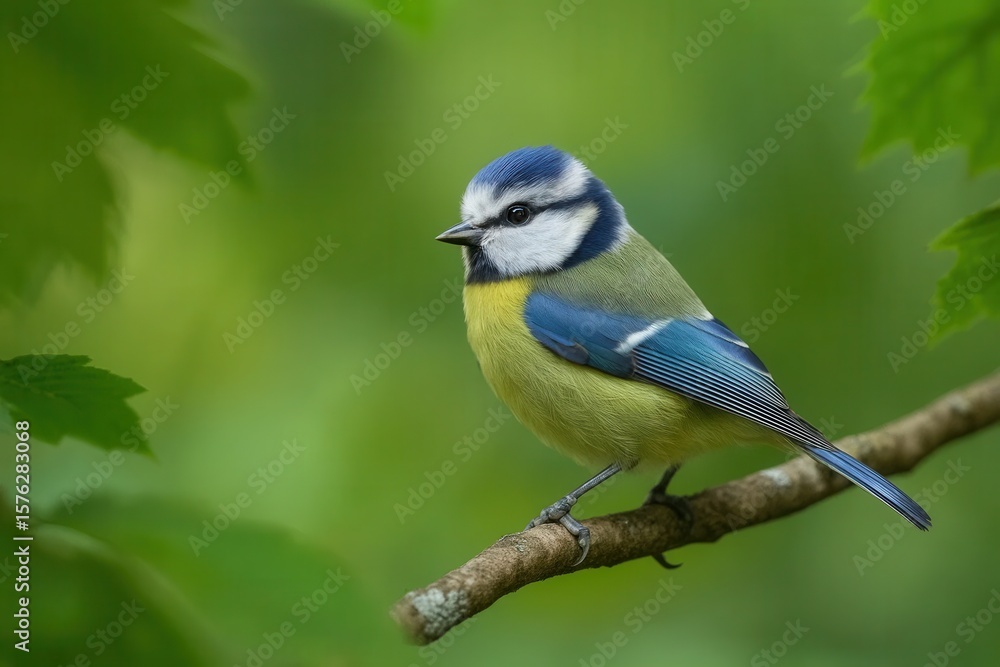 A blue-and-yellow European Bluebird perches on a branch amidst the verdant greens, embodying serene nature's beauty A blue-and-yellow European Bluebird perches on a branch amidst the verdant greens, embodying serene nature's beauty