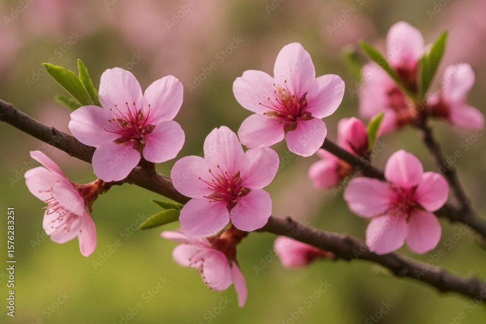 A delicate dance of pink blossoms in springtime, captured with a soft focus that highlights their vibrant colors and gentle petals A delicate dance of pink blossoms in springtime, captured with a soft focus that highlights their vibrant colors and gentle petals
