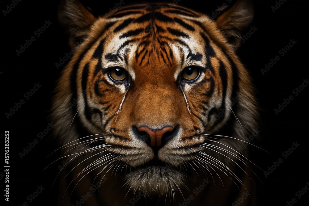 Fototapeta premium The majestic gaze of a tiger in stark contrast against a dark backdrop
