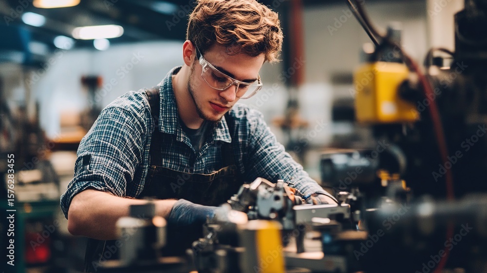 Naklejka premium A focused young man wearing safety glasses works with industrial machinery in a factory setting.