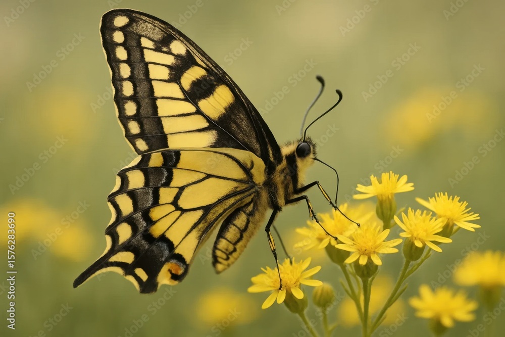 Fototapeta premium A Butterfly's Visit to a Field of Yellow Flowers