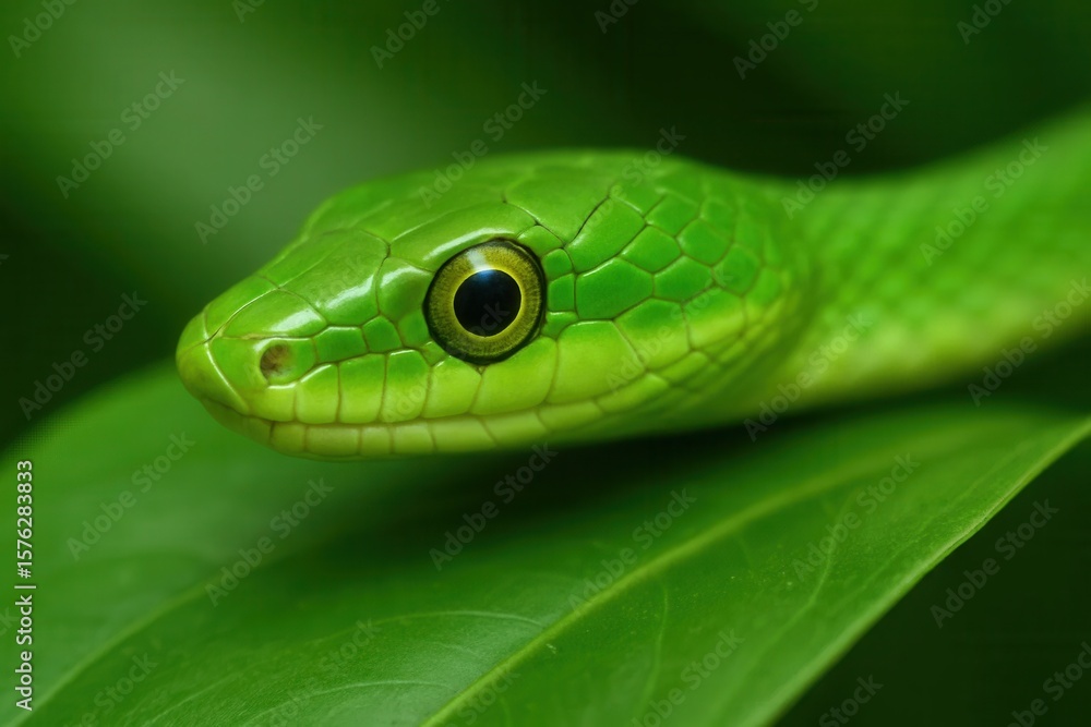 A serene green snake rests on a leaf, its eyes gleaming with tranquility amidst the verdant foliage A serene green snake rests on a leaf, its eyes gleaming with tranquility amidst the verdant foliage