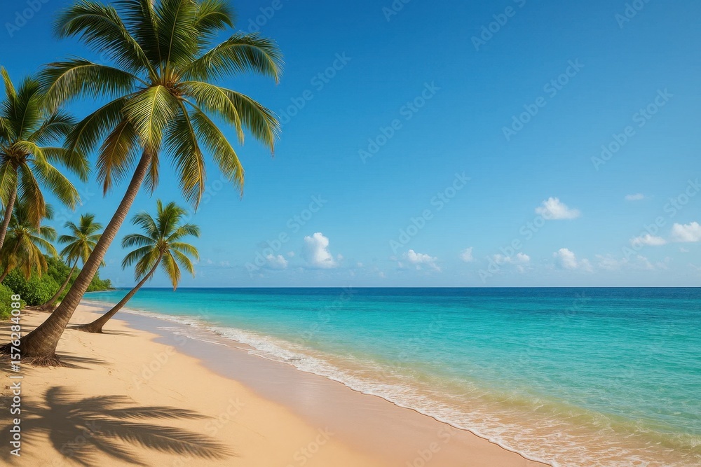 A serene tropical beach with pristine sand and crystal-clear turquoise waters, under a vast blue sky dotted with fluffy white clouds A serene tropical beach with pristine sand and crystal-clear turquoise waters, under a vast blue sky dotted with fluffy white clouds