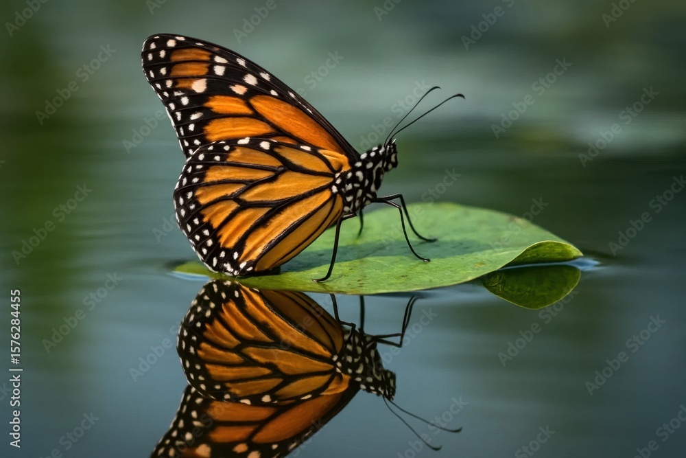 Naklejka premium A Monarch Butterfly Rests on a Leaf in Still Water