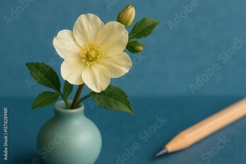 Wallpaper Mural A solitary white dahlia blooms in a serene blue vase, accompanied by a pencil resting on a textured surface, evoking a sense of tranquility and creativity Torontodigital.ca