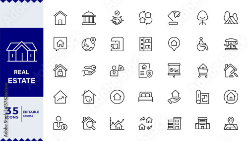 Real Estate outline icons with editable stroke collection. Includes House, Villa, Mortgage, Realtor, Amenities,Editable stroke. Vector illustration