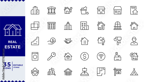 Real Estate outline icons with editable stroke collection. Includes House, Villa, Mortgage, Realtor, Amenities,Editable stroke. Vector illustration