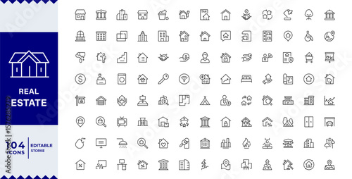 Real Estate outline icons with editable stroke collection. Includes House, Villa, Mortgage, Realtor, Amenities,Editable stroke. Vector illustration