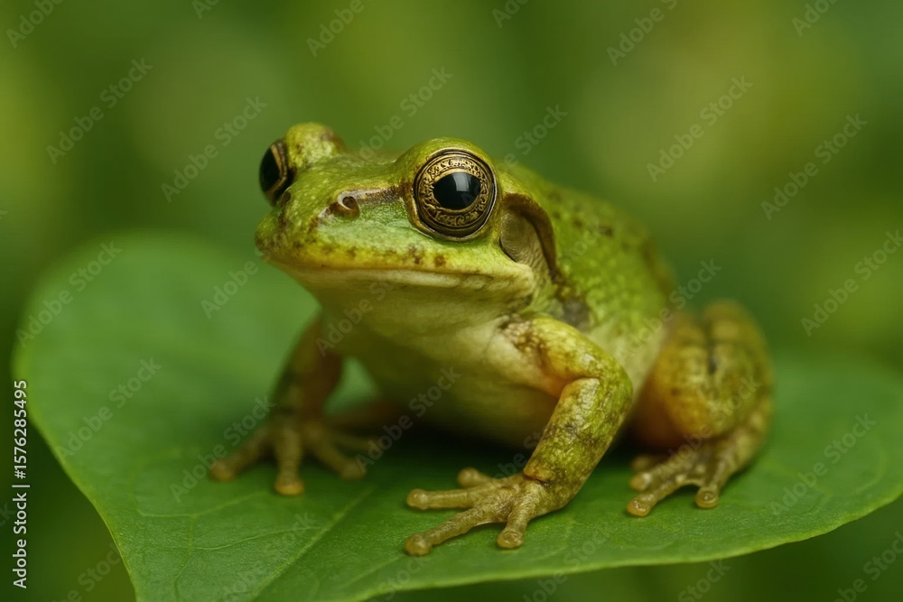Amidst the verdant embrace of nature, a vibrant green frog sits poised on a leaf, its eyes reflecting the world around it with an air of curiosity and tranquility Amidst the verdant embrace of nature, a vibrant green frog sits poised on a leaf, its eyes reflecting the world around it with an air of curiosity and tranquility