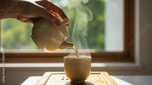 Sunlit Tea Ceremony: Pouring Aromatic Tea into a Delicate Cup
