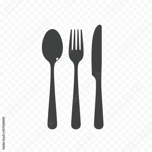 A simple dark gray silhouette of a spoon fork and knife arranged side by side on a transparent background
