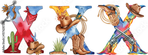 Watercolor Western Alphabet Letters, and X, Cowboy Themed Illustration Set.