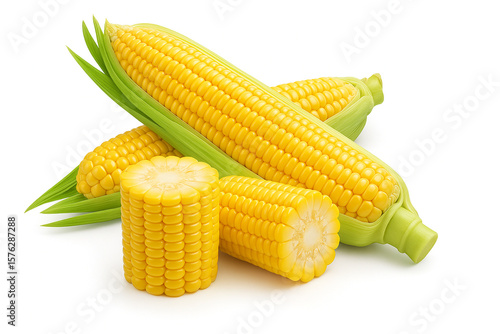 Fresh yellow corn cobs and pieces with green husks isolated on white background