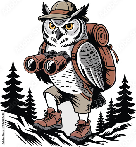 Adventurous Owl Explorer Hiking the Wilds with Binoculars