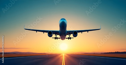 a plane taking off the runway with a beautiful sunrise