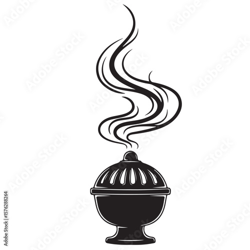 Incense burner with smoke, vector illustration in black and white