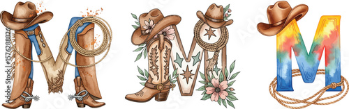 Hand-Drawn M Letter with Cowboy Boots, Spurs, and Flowers, Rustic Wild West Illustration.