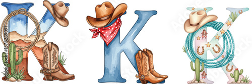 Isolated K Letter Cowboy Alphabet Clipart, Rustic Wild West Font Design.