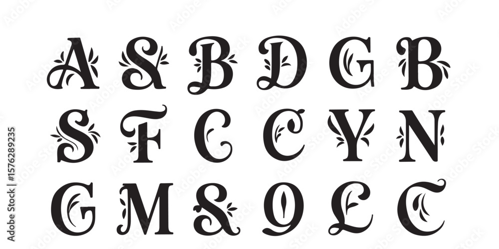 Decorative alphabet letters with floral accents in a serif style on a white background Decorative alphabet letters with floral accents in a serif style on a white background