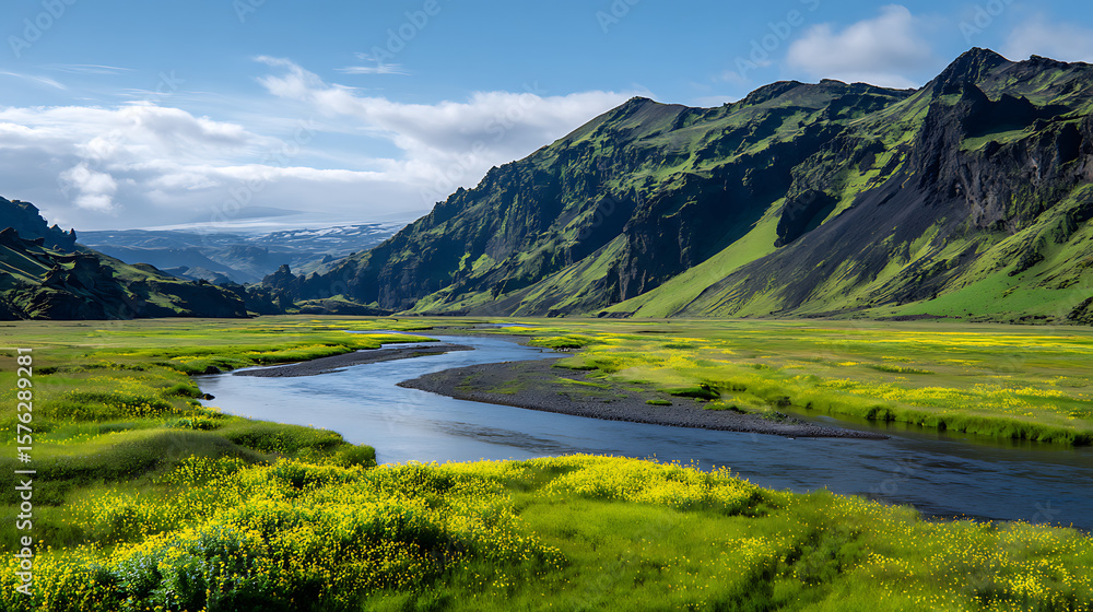 Fototapeta premium Glacial River With Mossy Volcanic Cliffs And Wildflowers For Painterly Editorial Or Campaign