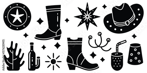 Set of Black Cowgirl Western vector silhouette icons. Wild West graphic elements like hat, boots, star, bottle, drink cup for branding, print, and design projects.