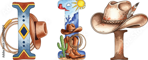 Watercolor Western Alphabet I, Cowboy Letter Illustration with Cactus, Hat, Boots, and Desert Elements Clipart.