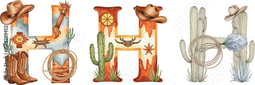 Watercolor Western Alphabet H, Cowboy Letter Illustration with Cactus, Hat, Boots, and Lasso Clipart.