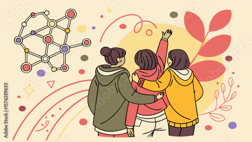 Friendship goals illustration featuring three friends embracing with a network diagram and floral elements