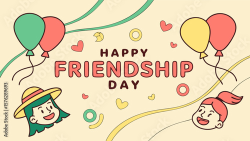 Happy friendship day celebration with friends balloons and hearts vector illustration design template