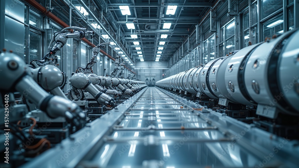 Obraz premium Automated Assembly Line with Industrial Robots in a High-Tech Manufacturing Facility