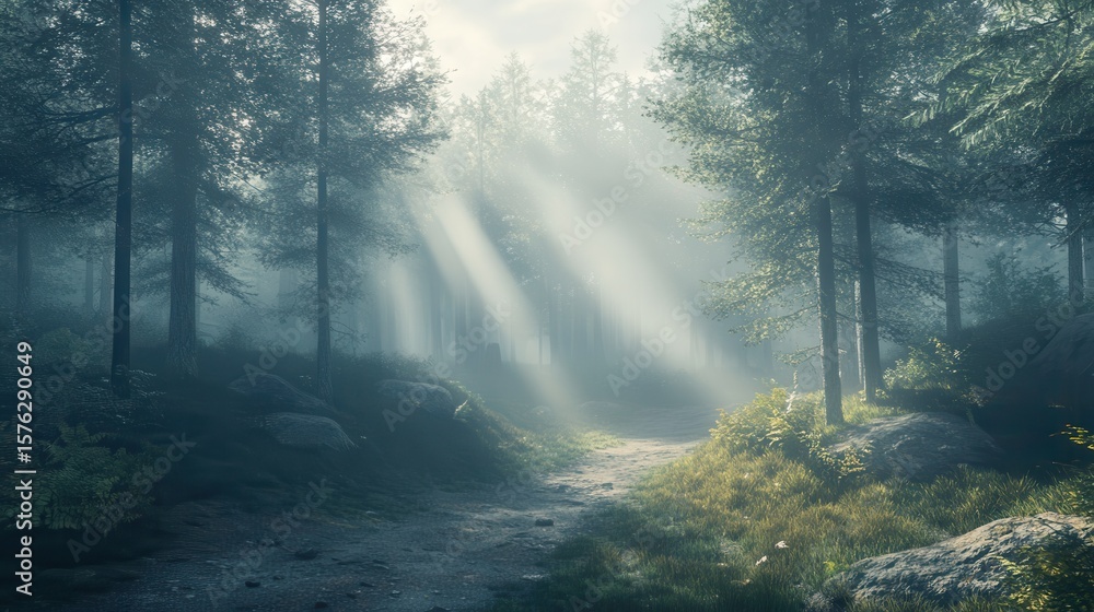 Obraz premium Misty forest path lit by lanterns creates an enchanting atmosphere at twilight in a remote wilderness area