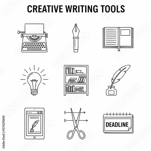 Creative Writing Tools and Concepts Illustrated in Line Art Design