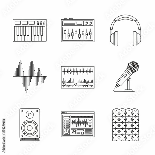 Outline Icons of Audio Equipment and Music Production Tools Collection