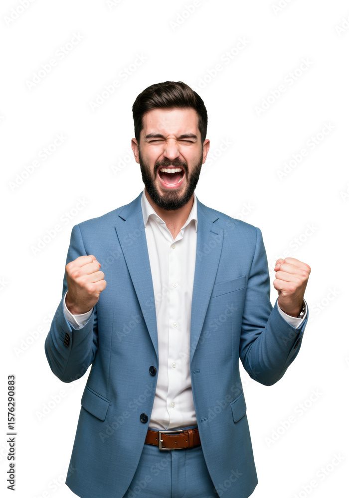Young caucasian man, early 20s, dark beard, light blue suit, white shirt, brown belt, clenching fists, eyes shut in intense triumph, slightly high-angle shot against a pristine transparent studio Young caucasian man, early 20s, dark beard, light blue suit, white shirt, brown belt, clenching fists, eyes shut in intense triumph, slightly high-angle shot against a pristine transparent studio