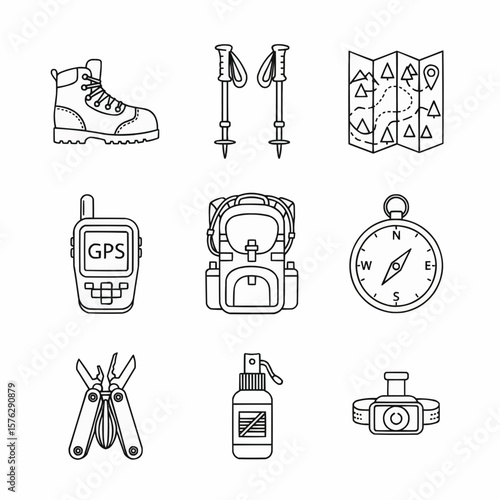 Outlined Icons for Hiking and Outdoor Camping Essentials