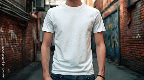 A man wearing a plain white tshirt stands in a city alley