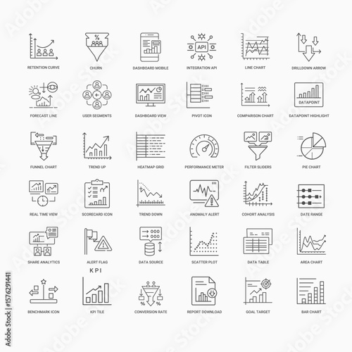 collection business analytics dashboard line icons data visualization performance tracking, Up Funnel Datapoint Comparison Trend