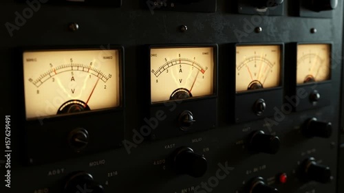 Vintage Analog Audio Equipment with Illuminated VU Meters and Control Knobs in Operation