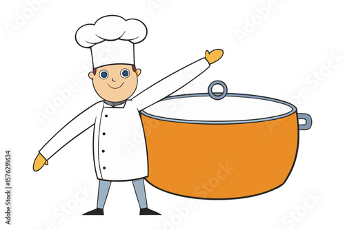 Chef with Cookware: An inviting cartoon chef, sporting the classic hat, cheerfully gestures towards a large pot, symbolizing the heart of culinary creativity and delicious meals.