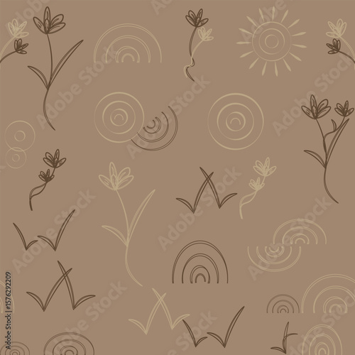 A bohemian, minimal, line flower pattern in white smoke, bone beige, ash brown, and raw umber. Soft, hand-drawn look with earthy tones, cozy feel, perfect for printable or digital paper.
