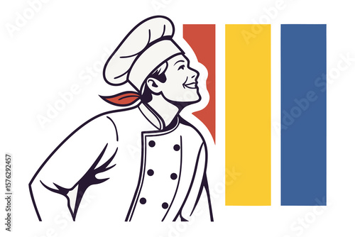 Culinary Maestro: A chef, filled with passion and pride, looks upward. A clean and modern design that can be used to elevate any project.