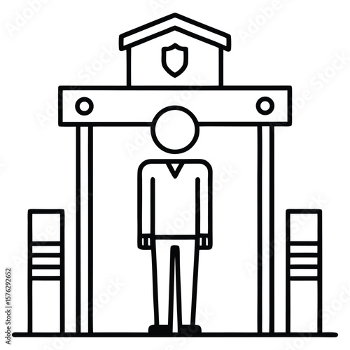 Security checkpoint with person walking through metal detector and guard booth