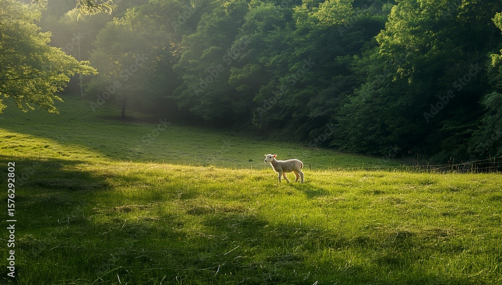 Naklejka premium Idyllic Morning Pasture with Lone Lamb in Sunlit Forest Meadow